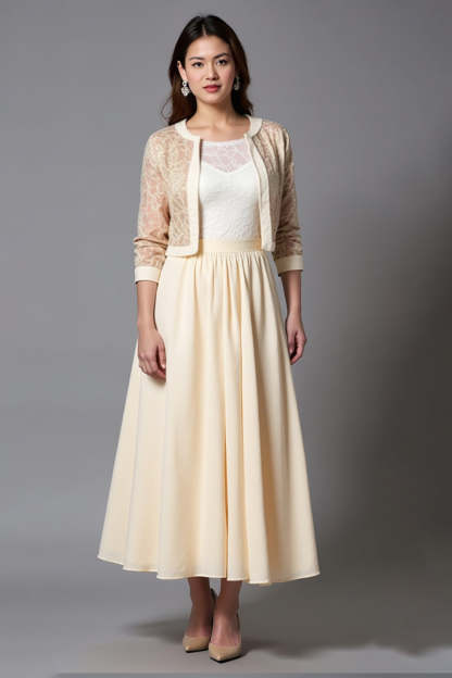 Leely Women Champagne A Line Mother of the Bride Dress with Jacket Tea Length Half Sleeve Wedding Guest Dress with Lace