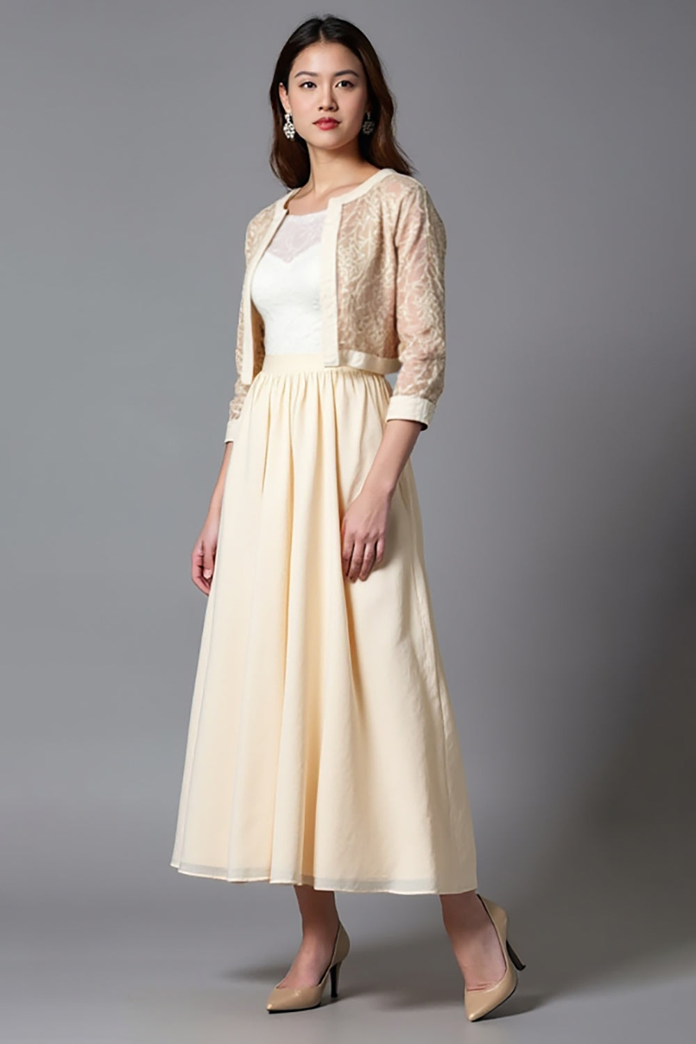 Champagne A Line Tea Length Mother of the Bride Dress with Jacket
