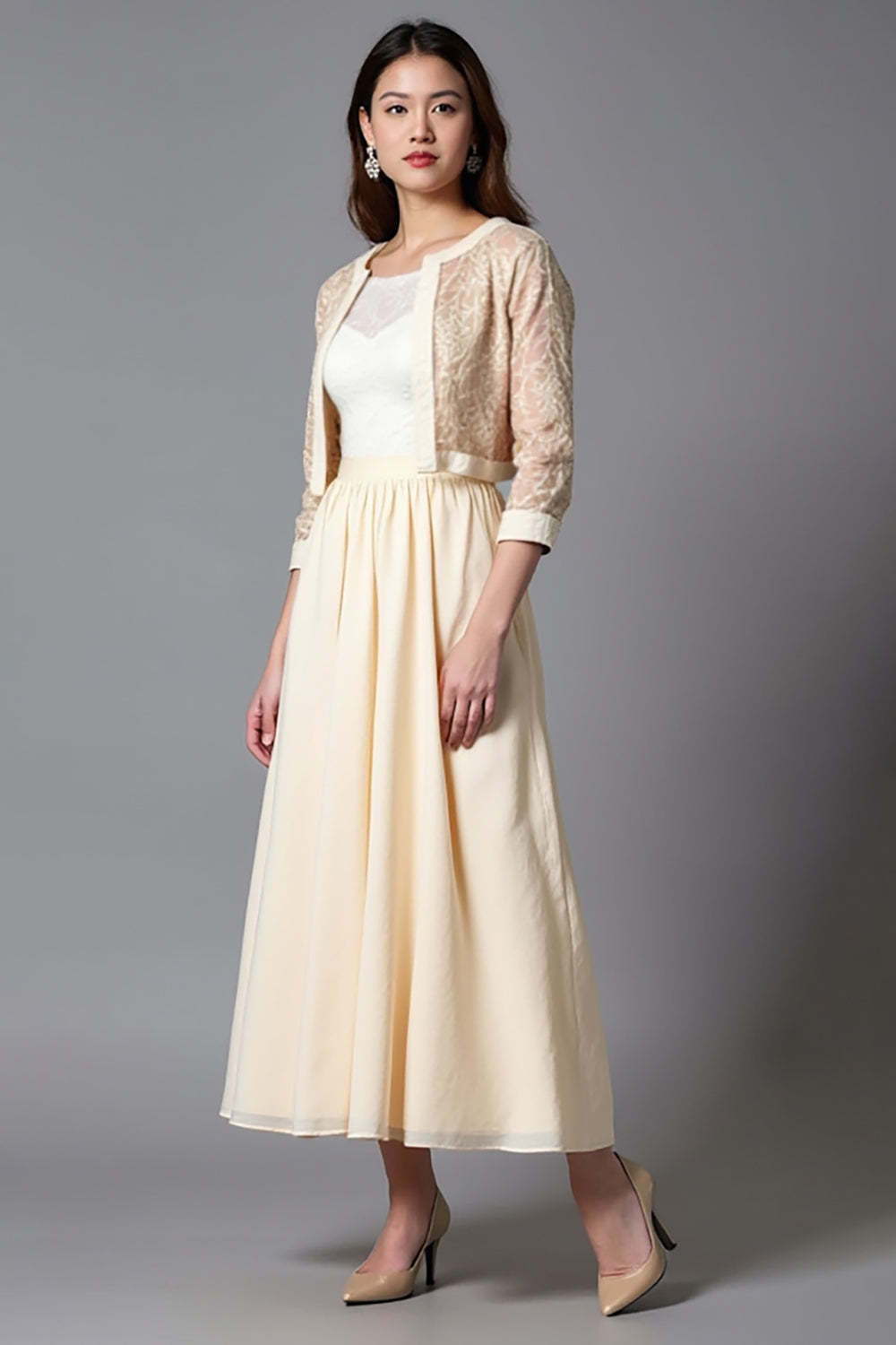 Champagne A Line Tea Length Mother of the Bride Dress with Jacket