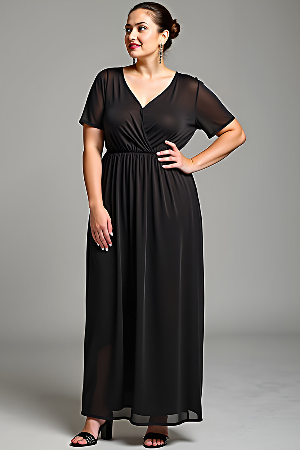 Black V Neck Chiffon Plus Size Maxi Mother of the Bride Dress