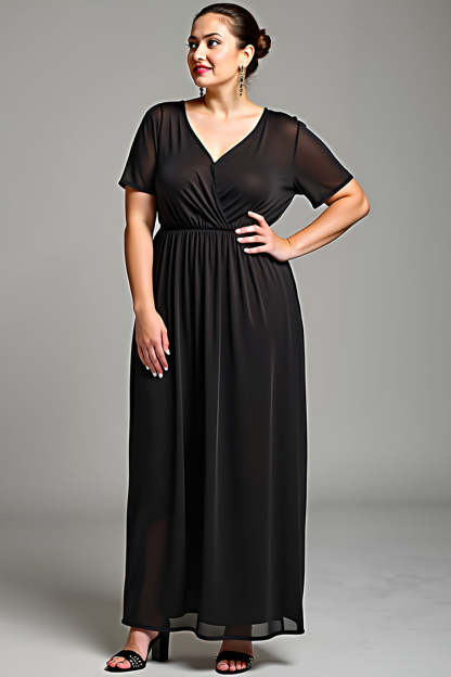 Leely Women Black Chiffon V Neck Plus Size Mother of the Bride Dress Maxi Short Sleeve Wedding Guest Dress