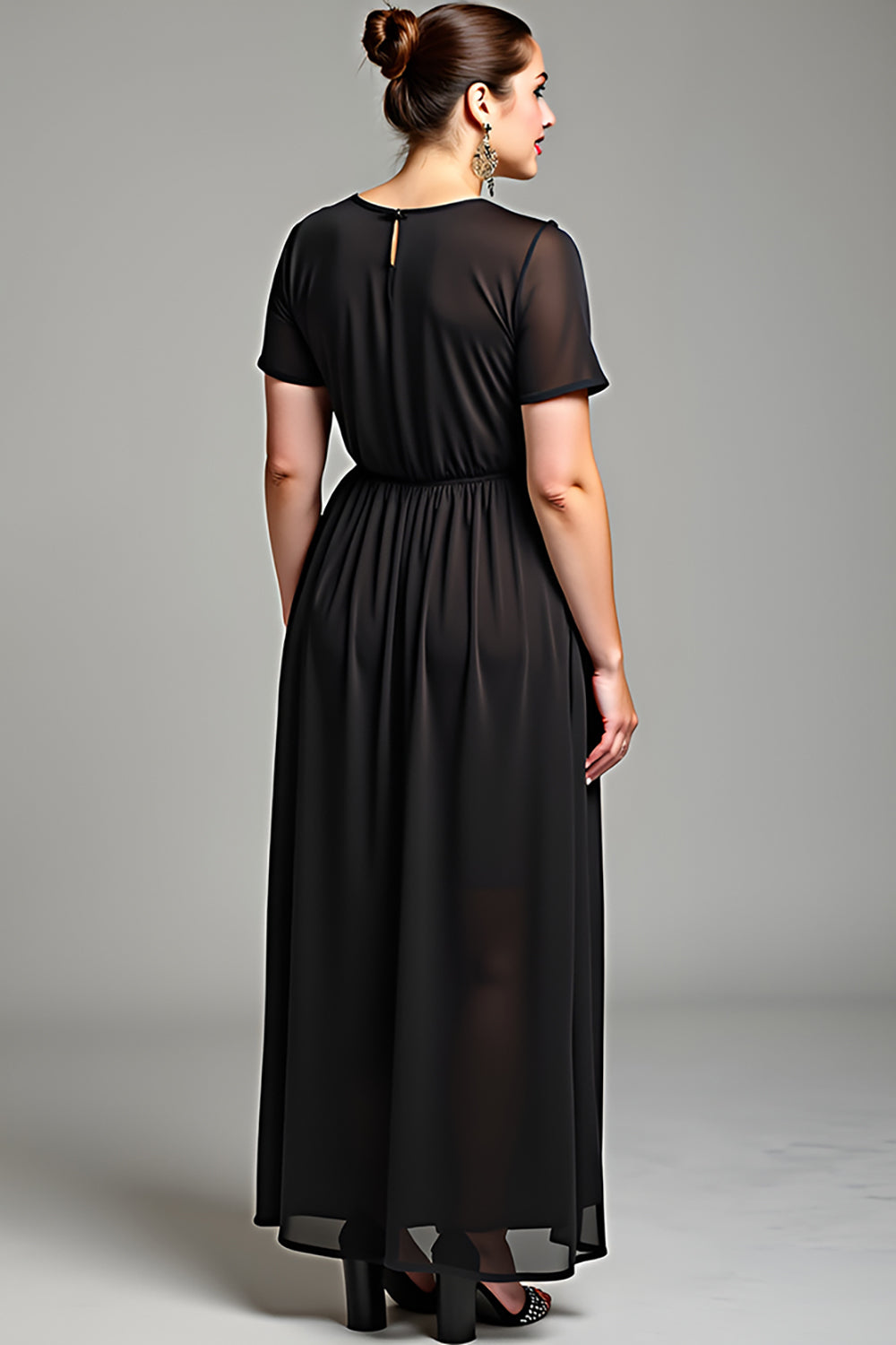 Black V Neck Chiffon Plus Size Maxi Mother of the Bride Dress