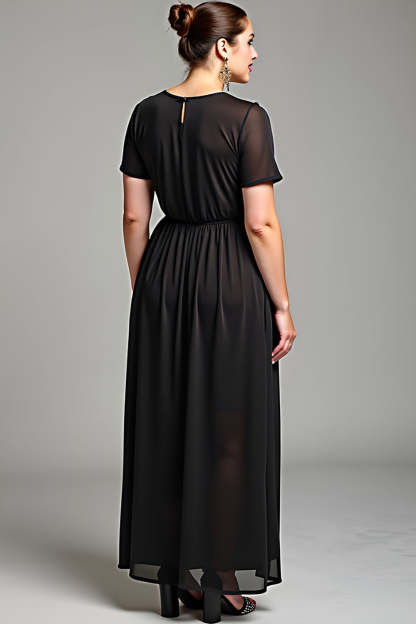 Black V Neck Chiffon Plus Size Maxi Mother of the Bride Dress