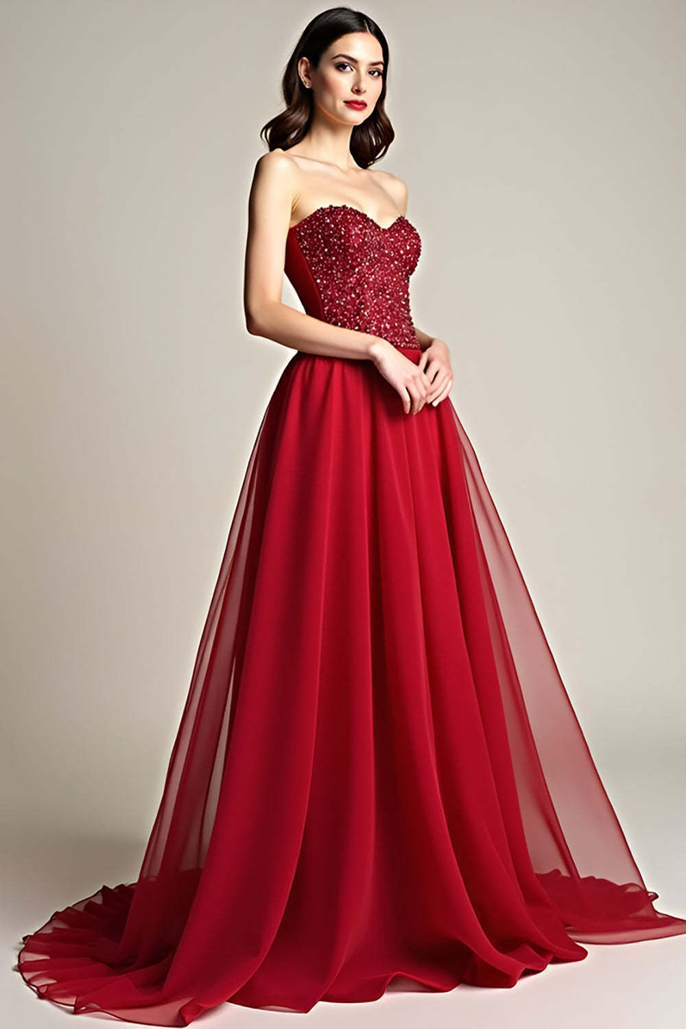 Leely Women Glitter Burgundy A Line Tulle Long Prom Dress Strapless Sweetheart Beaded Backless Formal Dress