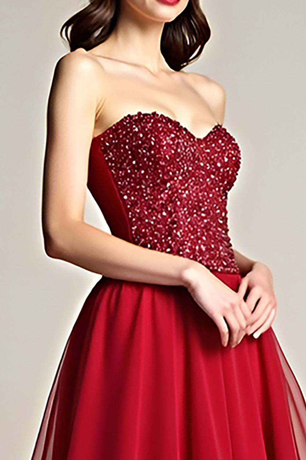 Glitter Burgundy A Line Tulle Sweetheart Long Prom Dress