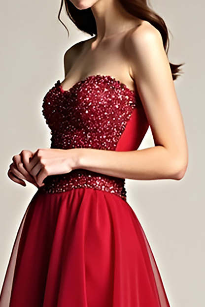 Glitter Burgundy A Line Tulle Sweetheart Long Prom Dress