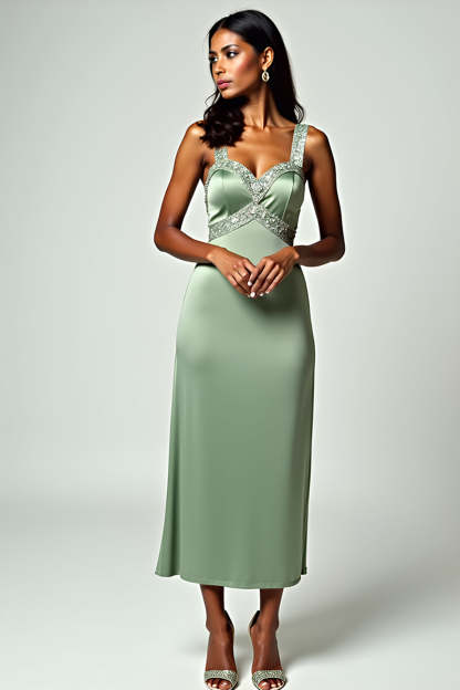 Leely Women Glitter Sheath Dusty Sage Formal Dress with Beading Sweetheart Satin Tea-Length Wedding Guest Dress