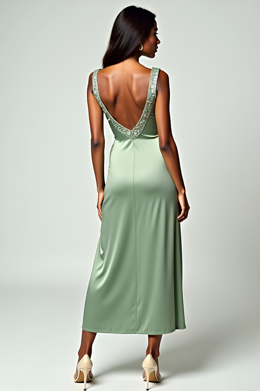 Glitter Sheath Dusty Sage Sweetheart Tea-Length Formal Dress