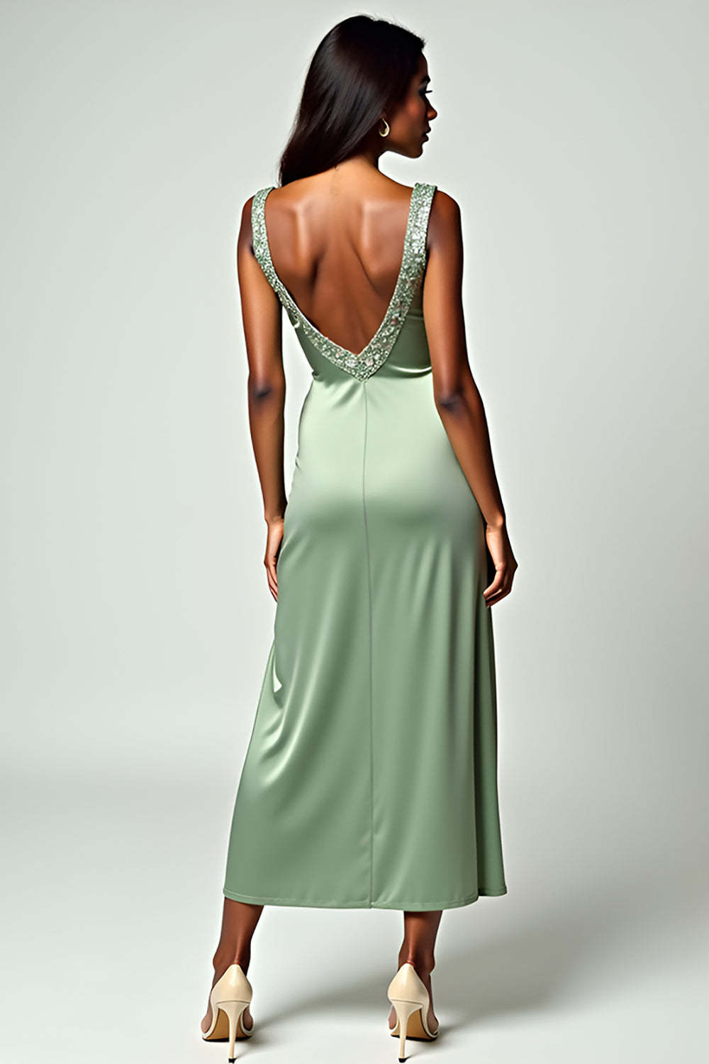 Glitter Sheath Dusty Sage Sweetheart Tea-Length Formal Dress