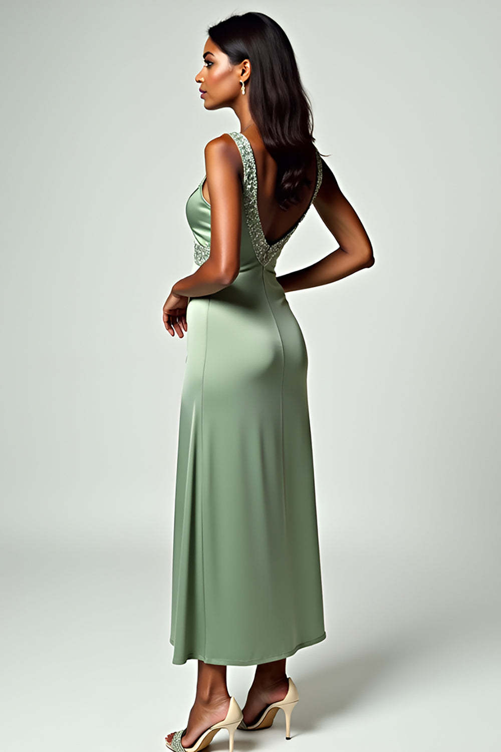 Glitter Sheath Dusty Sage Sweetheart Tea-Length Formal Dress