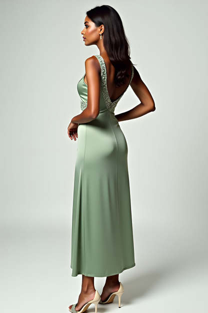 Glitter Sheath Dusty Sage Sweetheart Tea-Length Formal Dress