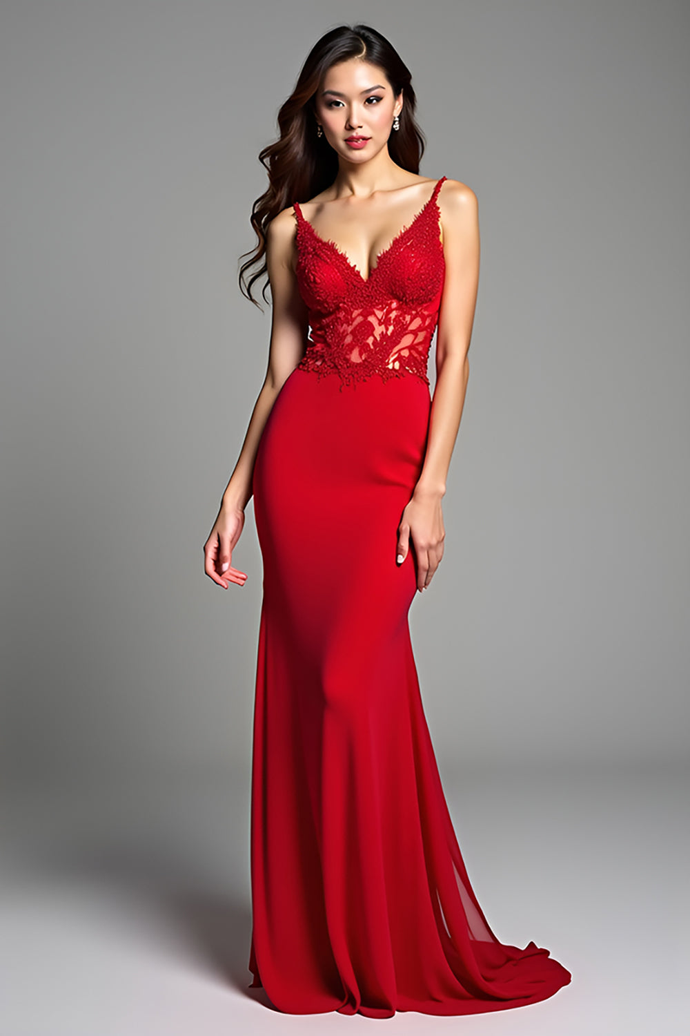 Leely Women Red Mermaid Long Prom Dress Appliqued Spaghetti Straps V-Neck Formal Dress