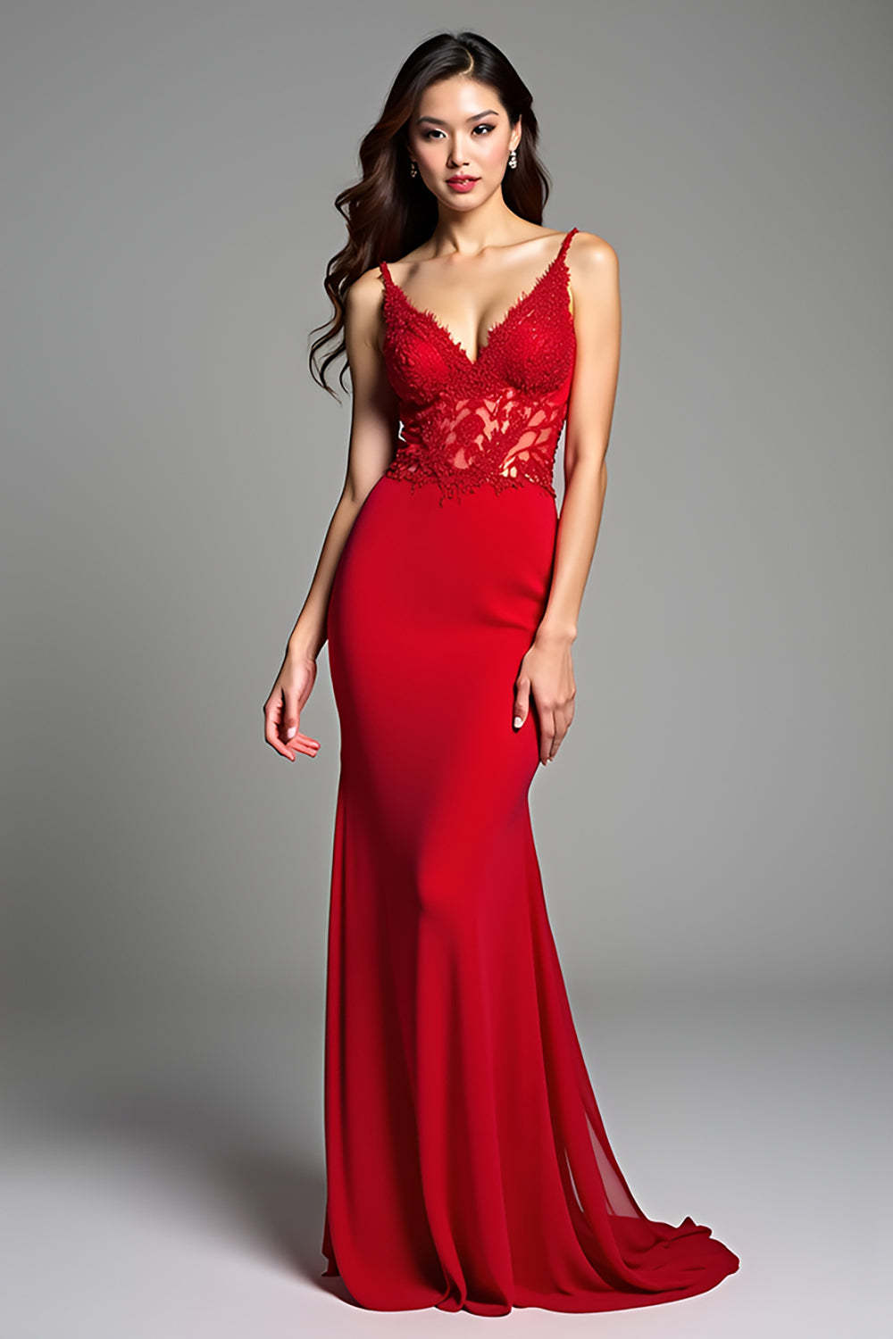 Leely Women Red Mermaid Long Prom Dress Appliqued Spaghetti Straps V-Neck Formal Dress