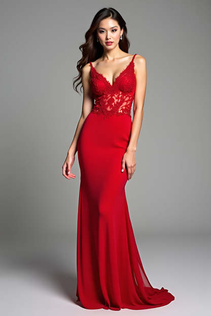 Leely Women Red Mermaid Long Prom Dress Appliqued Spaghetti Straps V-Neck Formal Dress