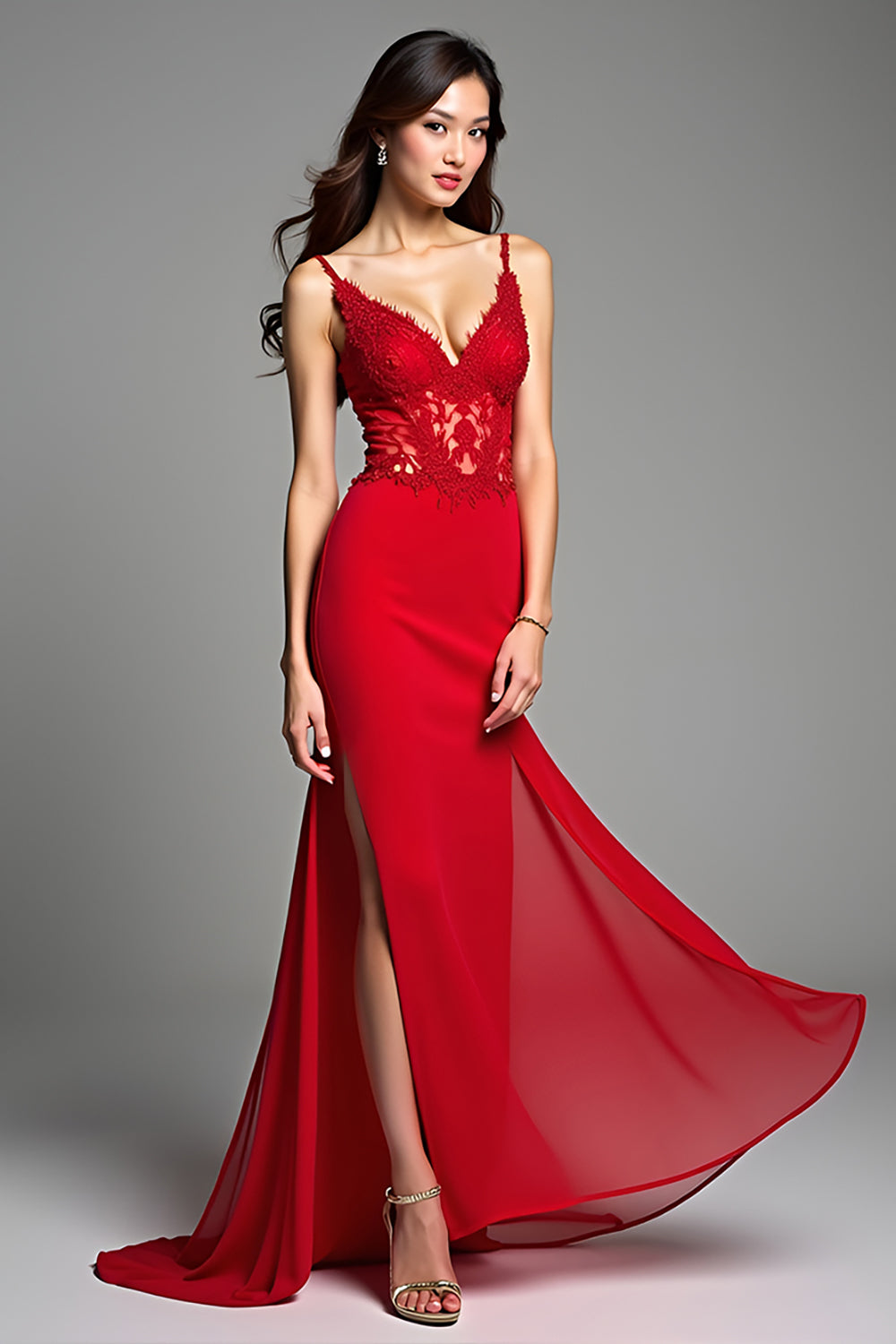 Red Mermaid Spaghetti Straps Appliqued Long Prom Dress