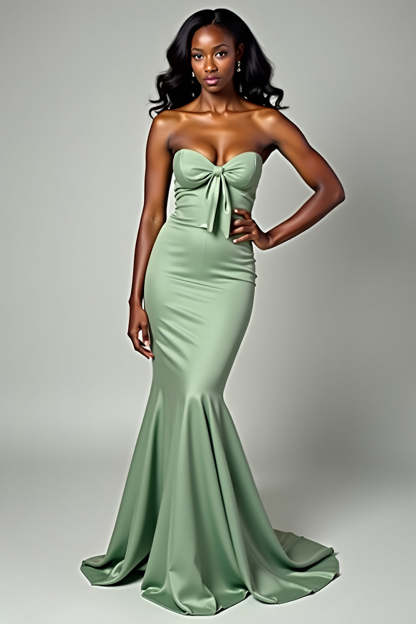 Leely Women Dusty Sage Mermaid Satin Long Prom Dress with Bow Strapless Sweetheart Backless Formal Dress