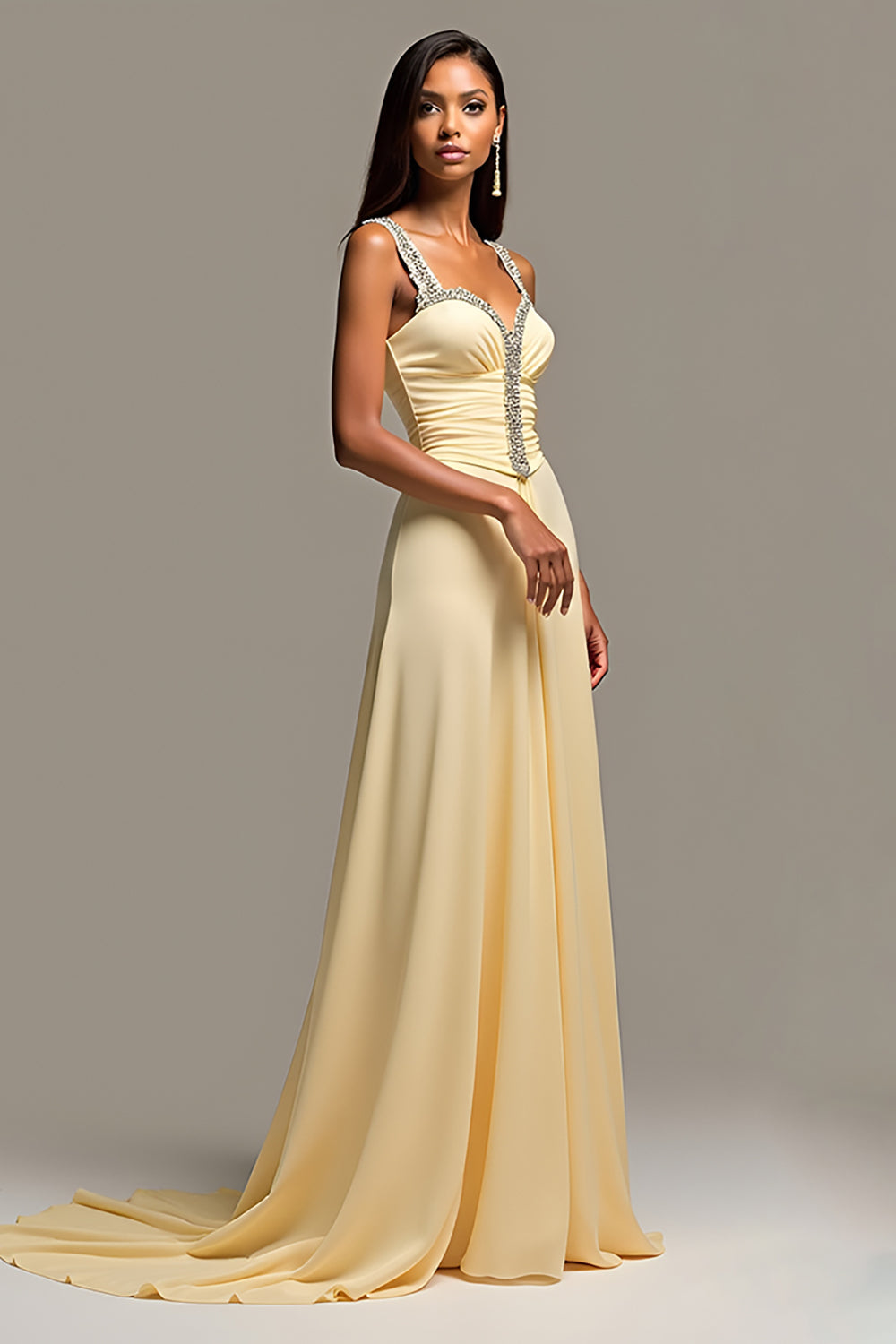 Daffodil A Line Beaded Sweep Train Prom Dress