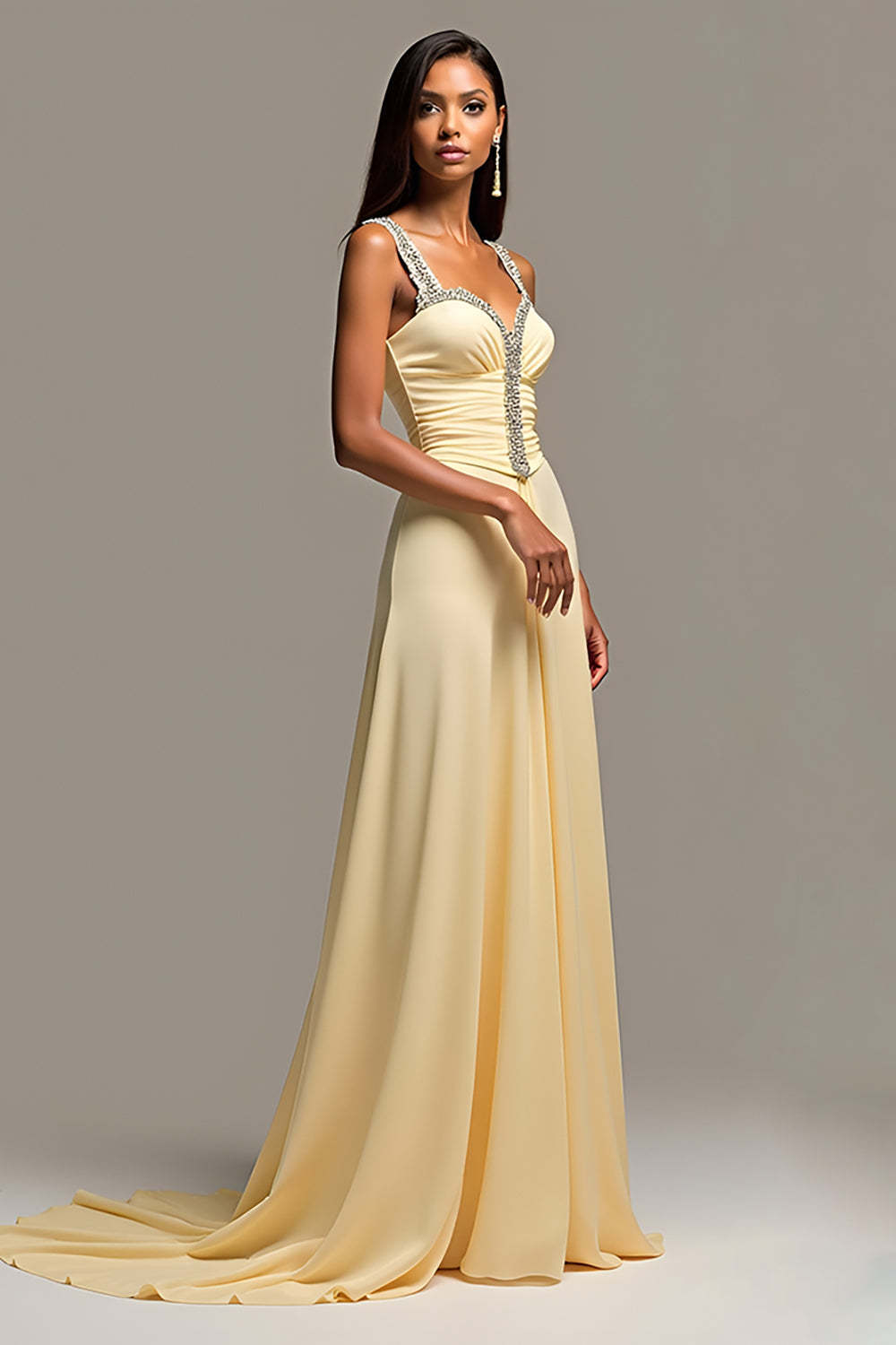 Leely Women Daffodil A Line Beaded Prom Dress Sweep Train Backless Formal Dress