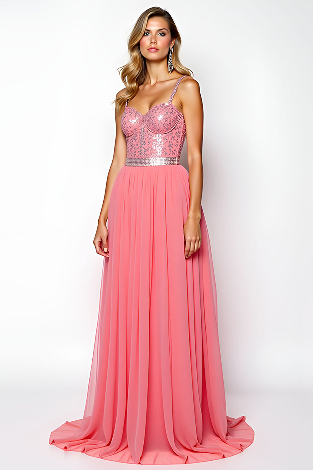 Leely Women A Line Watermelon Chiffon Long Prom Dress Spaghetti Straps Backless Sweetheart Formal Dress