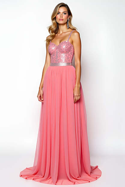 Leely Women A Line Watermelon Chiffon Long Prom Dress Spaghetti Straps Backless Sweetheart Formal Dress