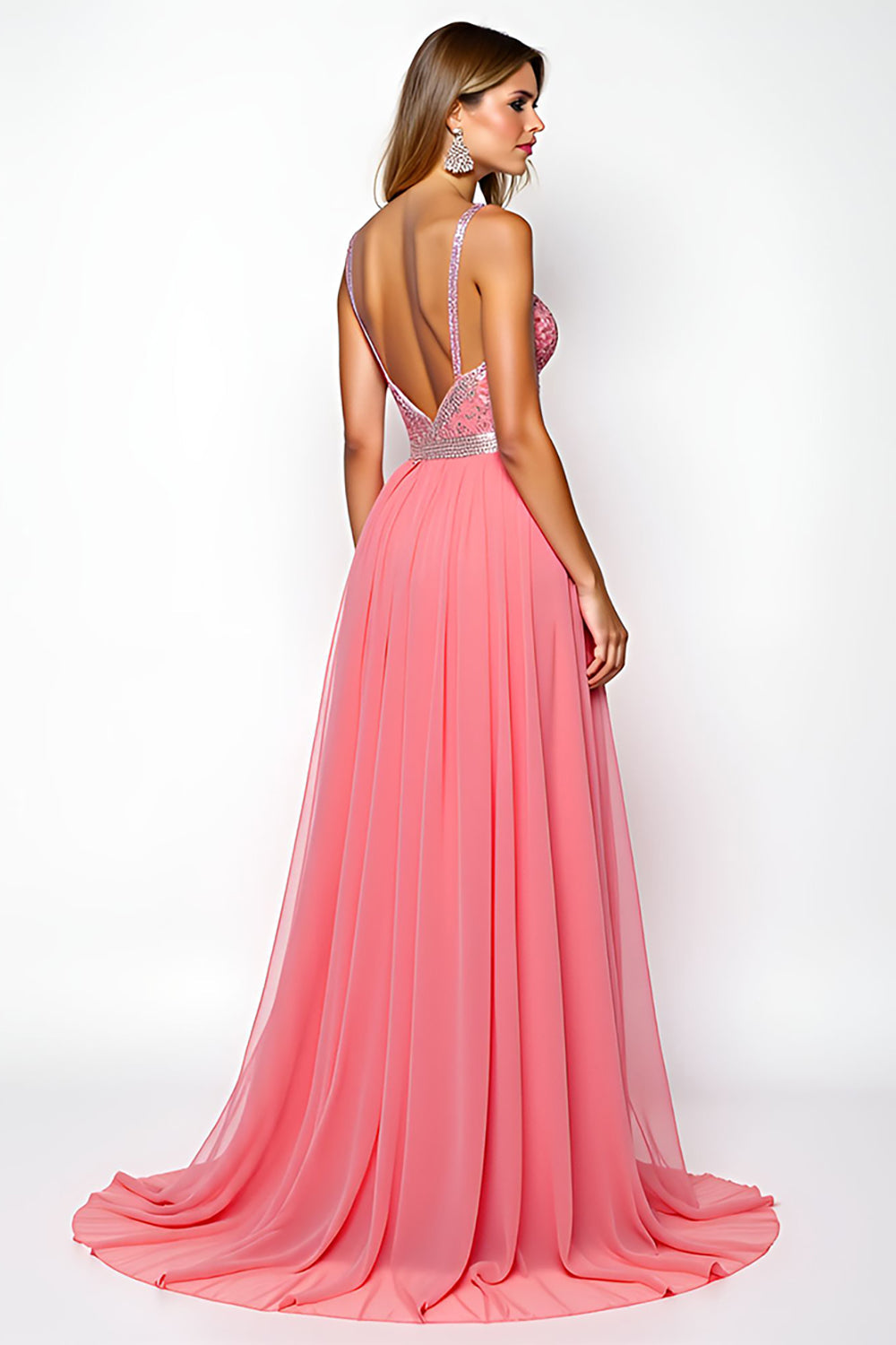 A Line Watermelon Spaghetti Straps Chiffon Backless Long Prom Dress