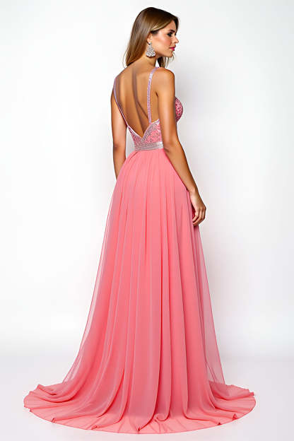 A Line Watermelon Spaghetti Straps Chiffon Backless Long Prom Dress