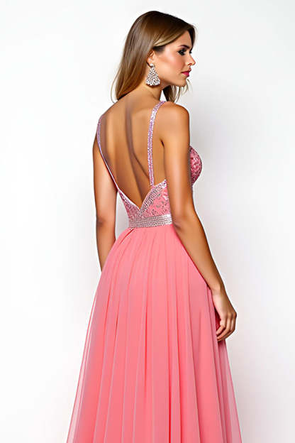 A Line Watermelon Spaghetti Straps Chiffon Backless Long Prom Dress