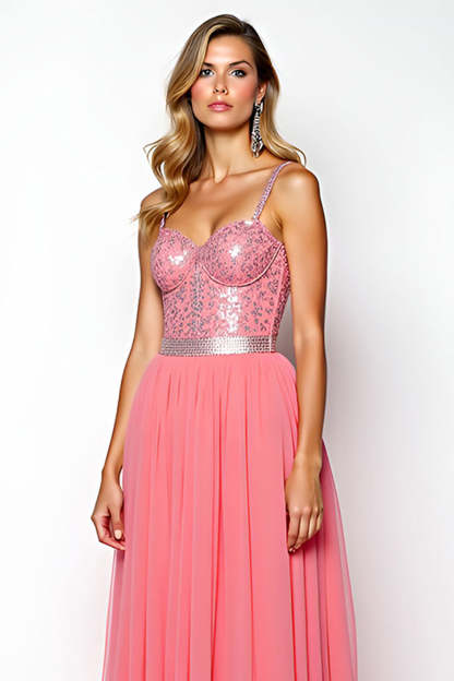 A Line Watermelon Spaghetti Straps Chiffon Backless Long Prom Dress