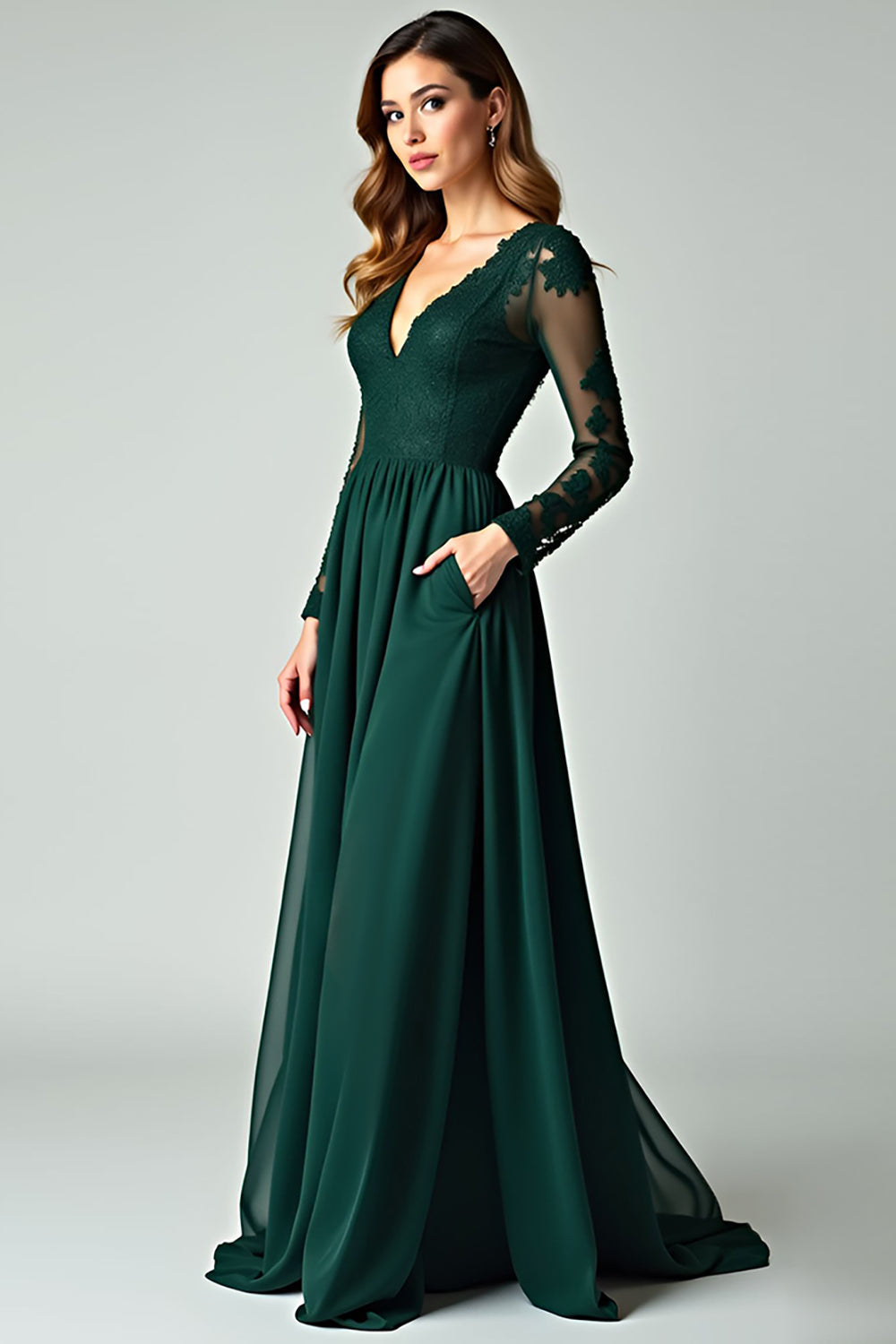 V-Neck Pine A Line Prom Dress with Lace Applique