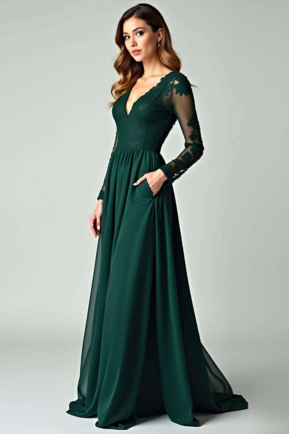 V-Neck Pine A Line Prom Dress with Lace Applique