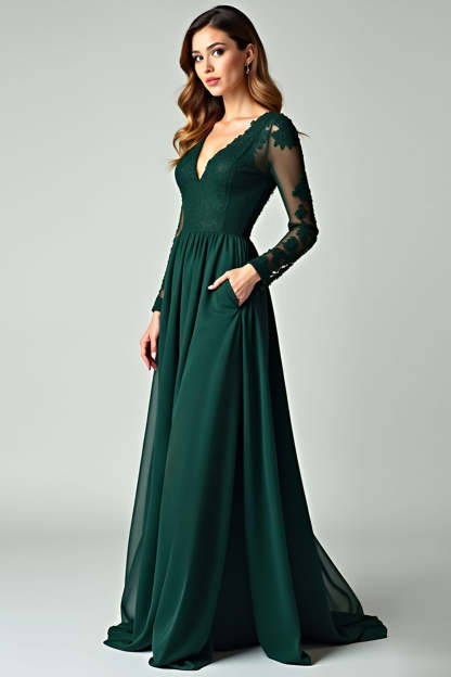 V-Neck Pine A Line Prom Dress with Lace Applique