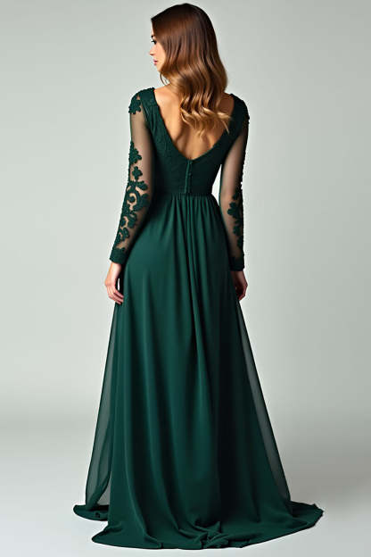 V-Neck Pine A Line Prom Dress with Lace Applique