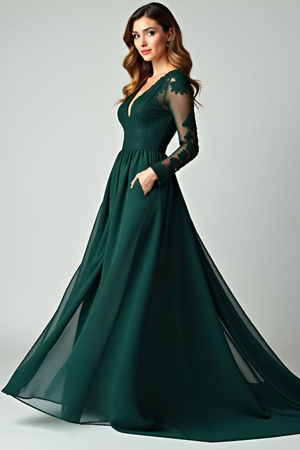 Leely Women V-Neck Pine Long Prom Dress with Lace Applique Long Sleeves Backless Chiffon Formal Dress