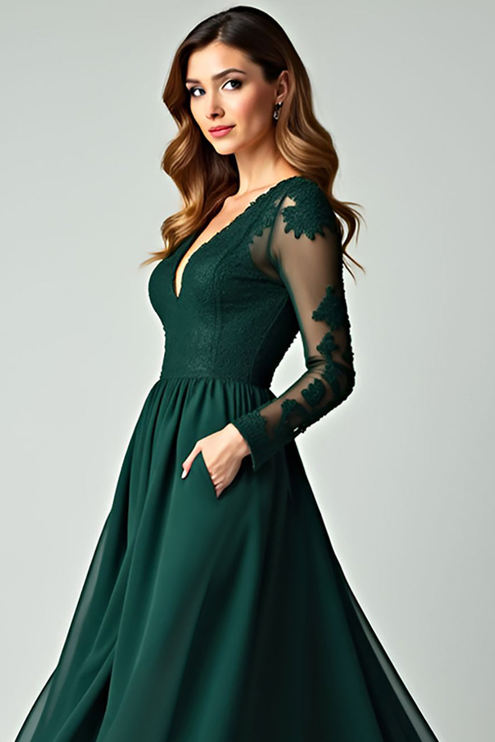 V-Neck Pine A Line Prom Dress with Lace Applique
