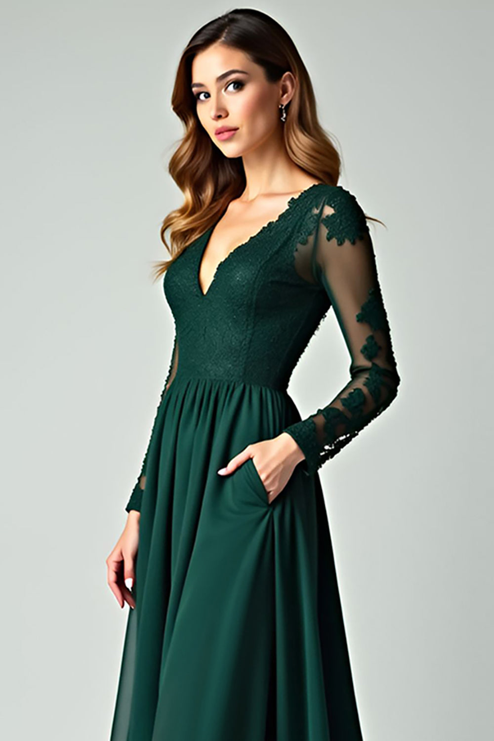 V-Neck Pine A Line Prom Dress with Lace Applique
