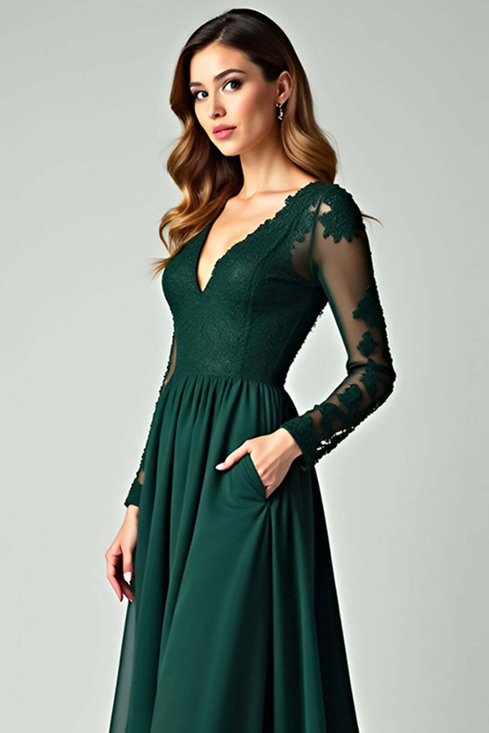 V-Neck Pine A Line Prom Dress with Lace Applique
