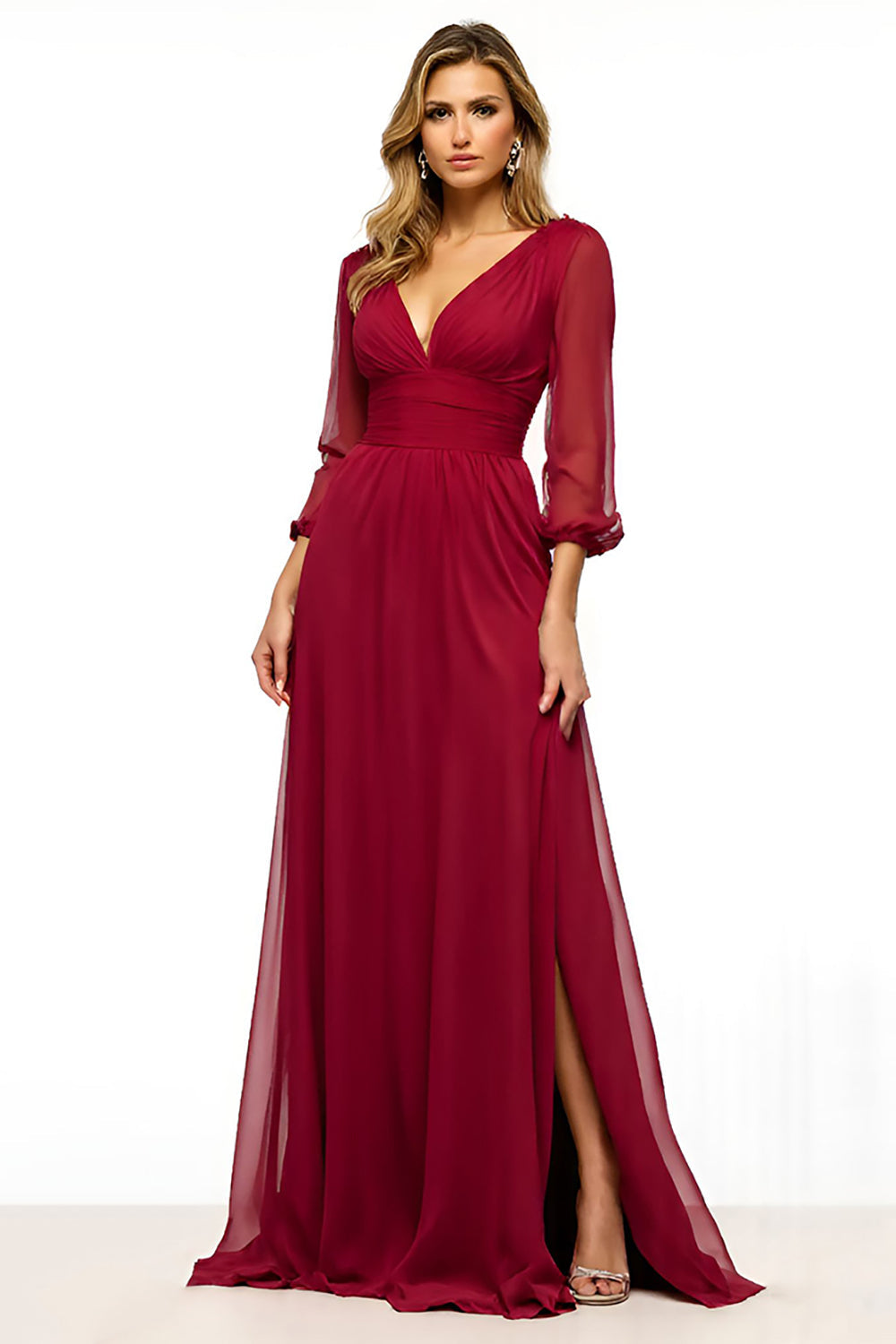 Leely Women Burgundy A Line Long Mother of the Bride Dress with Slit Half Sleeves V-Neck Chiffon Wedding Guest Dress