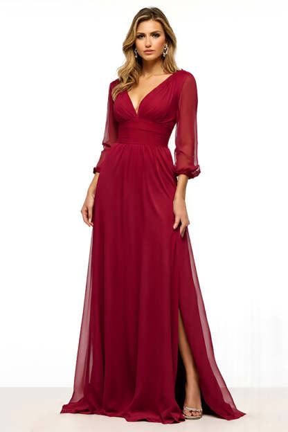 Leely Women Burgundy A Line Long Mother of the Bride Dress with Slit Half Sleeves V-Neck Chiffon Wedding Guest Dress