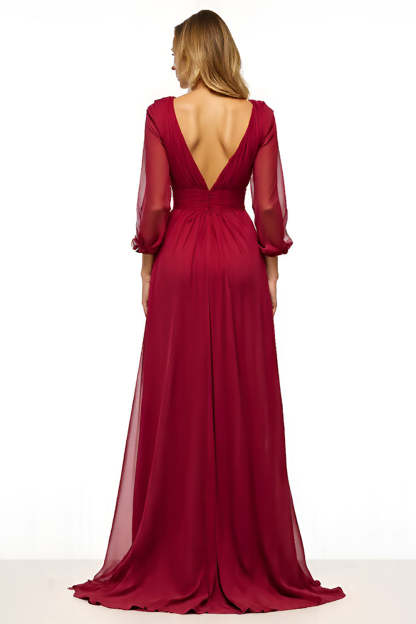 V Neck Burgundy A Line Long Mother of the Bride Dress with Slit