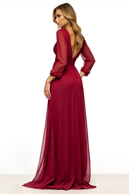 V Neck Burgundy A Line Long Mother of the Bride Dress with Slit