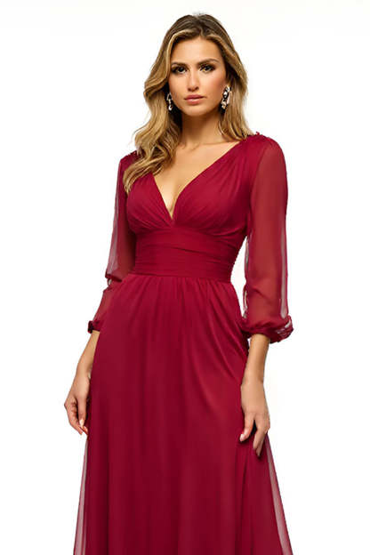 V Neck Burgundy A Line Long Mother of the Bride Dress with Slit