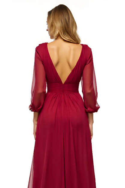 V Neck Burgundy A Line Long Mother of the Bride Dress with Slit
