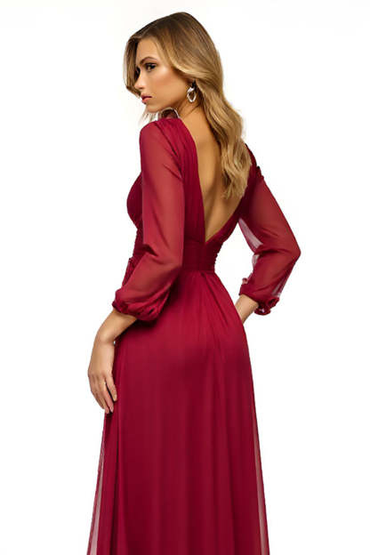 V Neck Burgundy A Line Long Mother of the Bride Dress with Slit