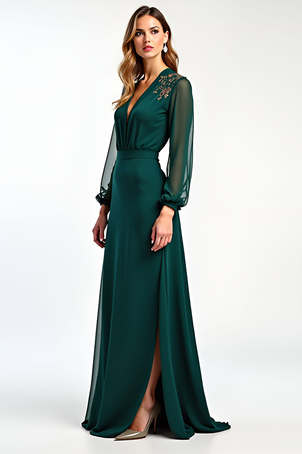 Leely Women V-Neck Pine A Line Mother of the Bride Dress with Slit Long SleevesBackless Formal Dress