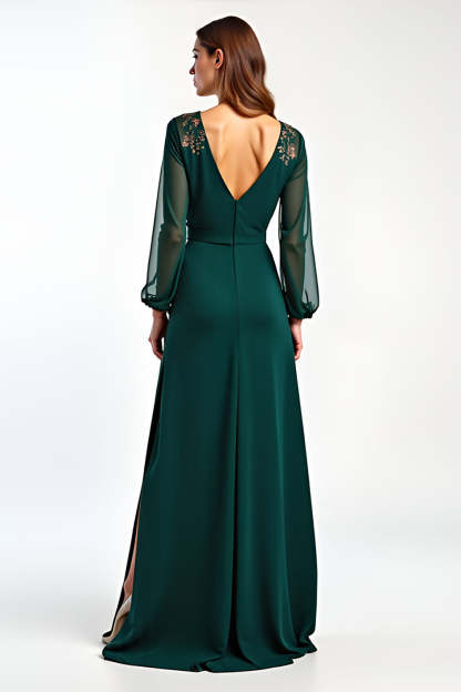 V-Neck Pine Long Sleeves Mother of the Bride Dress with Slit