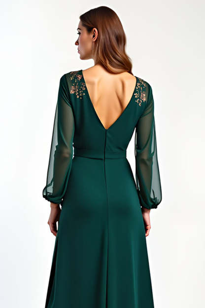 V-Neck Pine Long Sleeves Mother of the Bride Dress with Slit