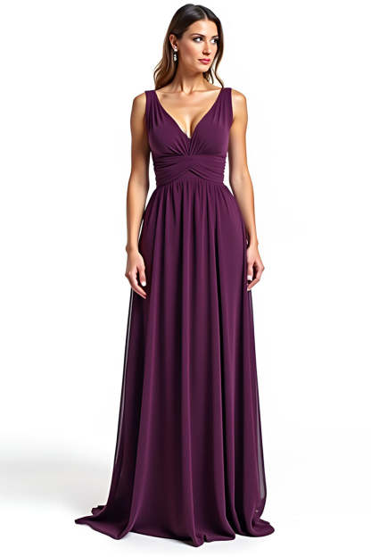 Leely Women A Line Purple Long Mother of the Bride Dress V-Neck Sleeveless Chiffon Wedding Guest Dress
