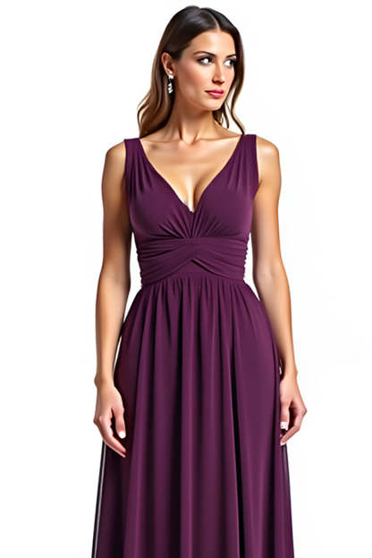 A Line Purple V Neck Sleeveless Long Mother of the Bride Dress