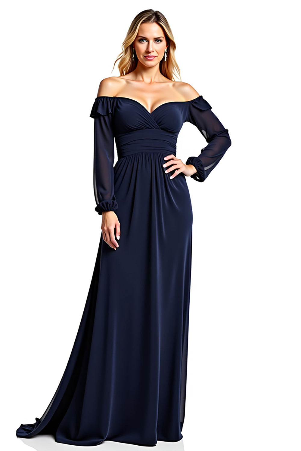 Leely Women Navy A Line Long Sleeves Mother of the Bride Dress with Ruffles Off the Shoulder Backless Wedding Guest Dress