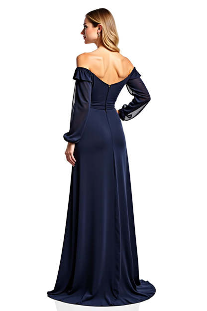 Navy Off the Shoulder A Line Long Sleeves Mother of the Bride Dress